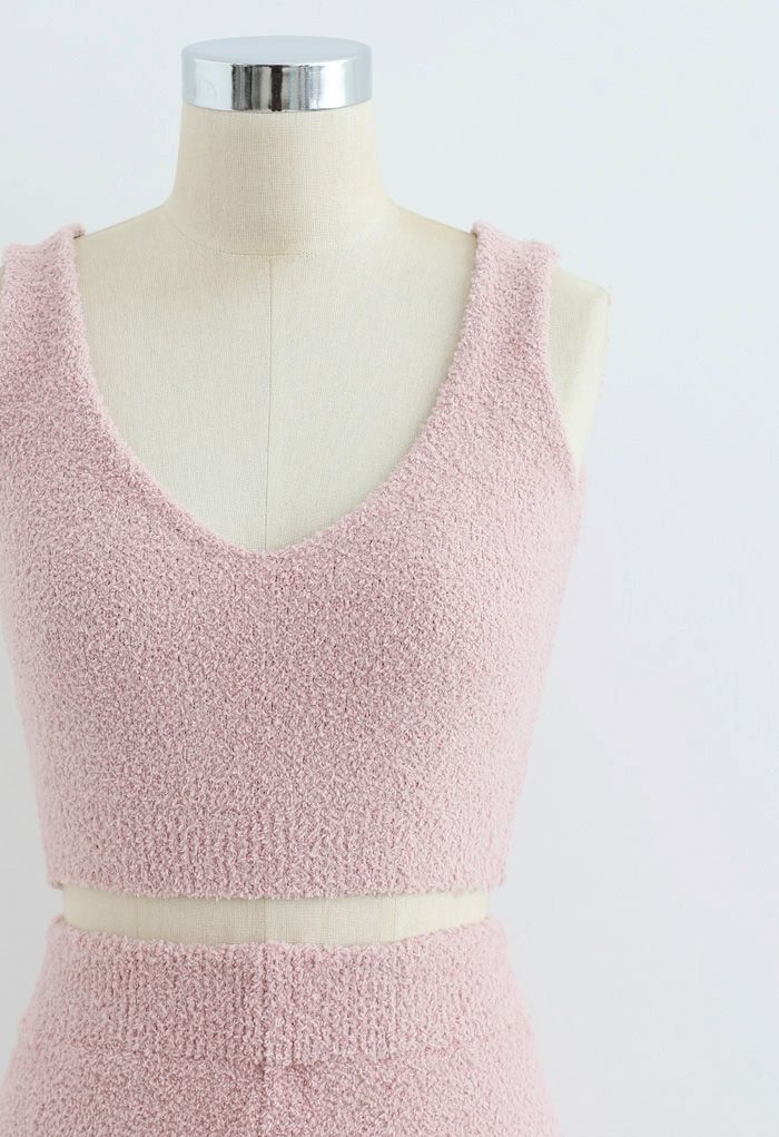 Fluffy Knit Crop Tank Top and Pants Set in Pink