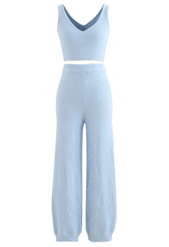 Fluffy Knit Crop Tank Top and Pants Set in Blue