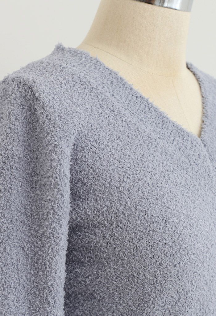 Fluffy Knit V-Neck Crop Top and Shorts Set in Lavender