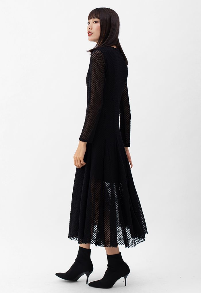 Textured Embroidery V-Neck Frilling Dress in Black