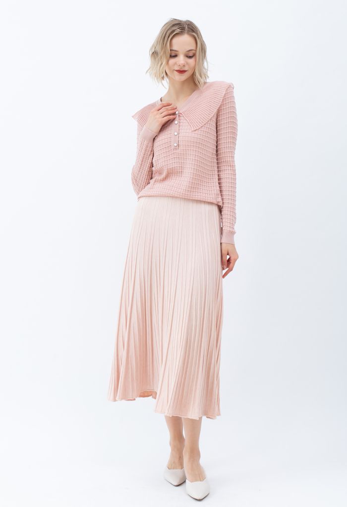 Mesh Collar Button Embossed Knit Top in Pink