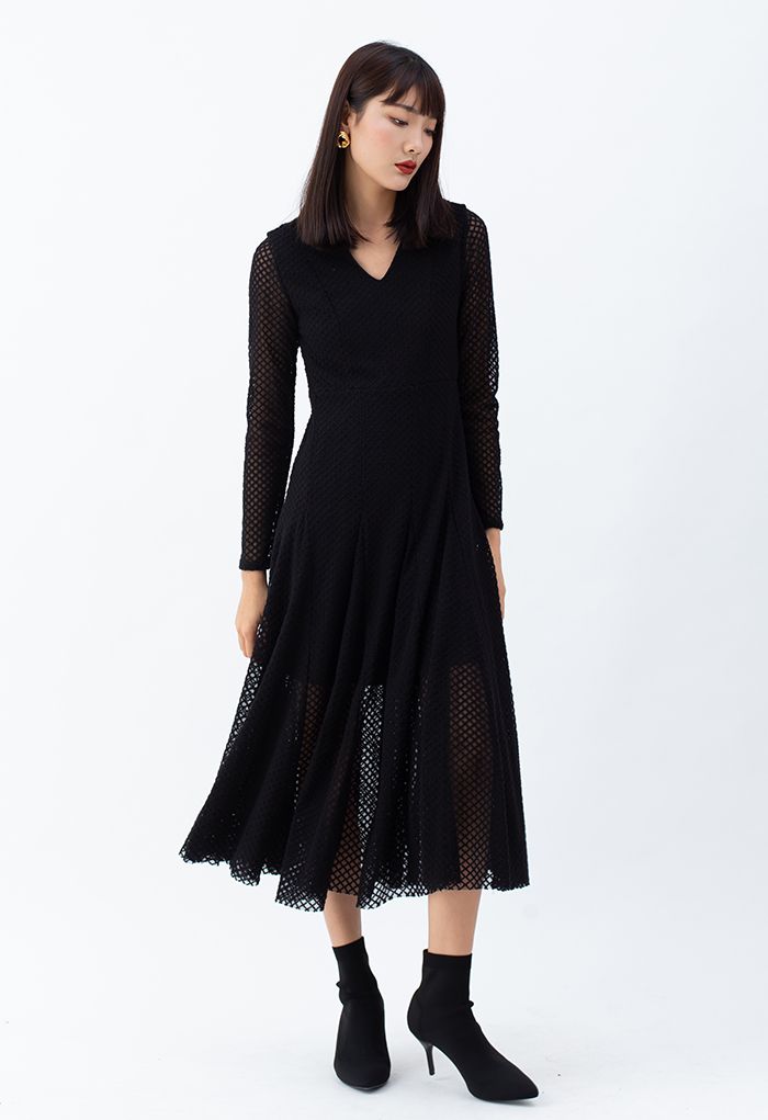 Textured Embroidery V-Neck Frilling Dress in Black
