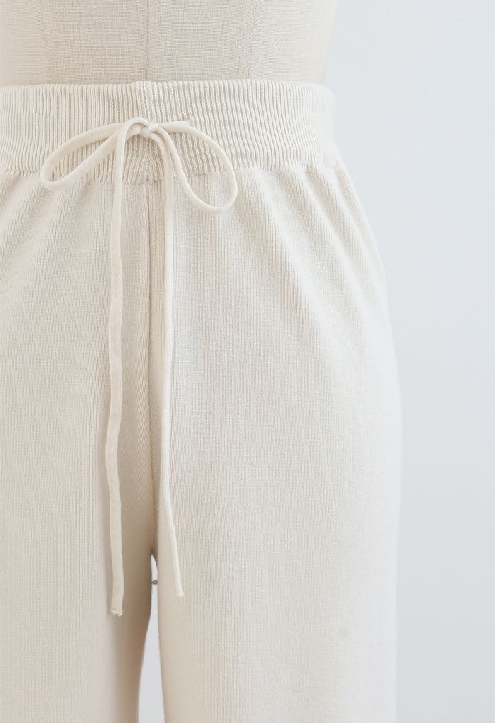 Straight Leg Drawstring Waist Knit Pants in Cream