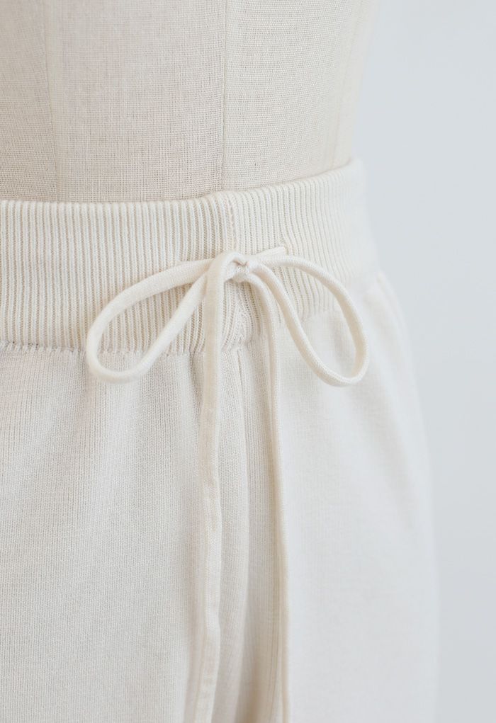 Straight Leg Drawstring Waist Knit Pants in Cream