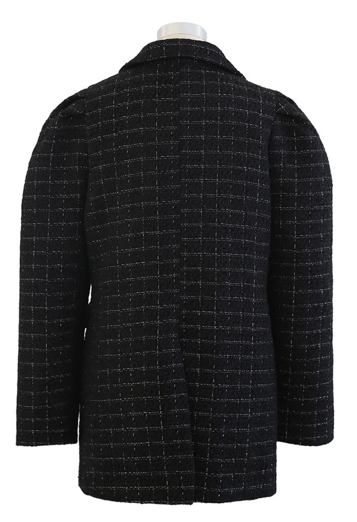 Tweed Puff Shoulders Pockets Coat in Black
