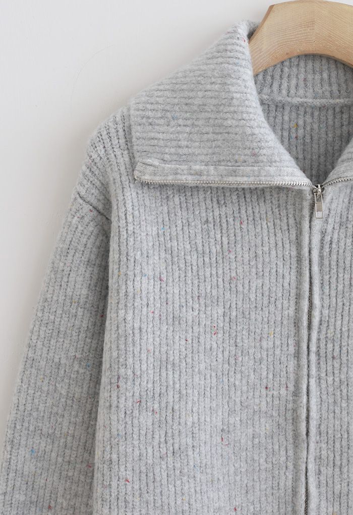 Full Zip Ribbed Knit Cardigan in Grey Retro, Indie and Unique Fashion