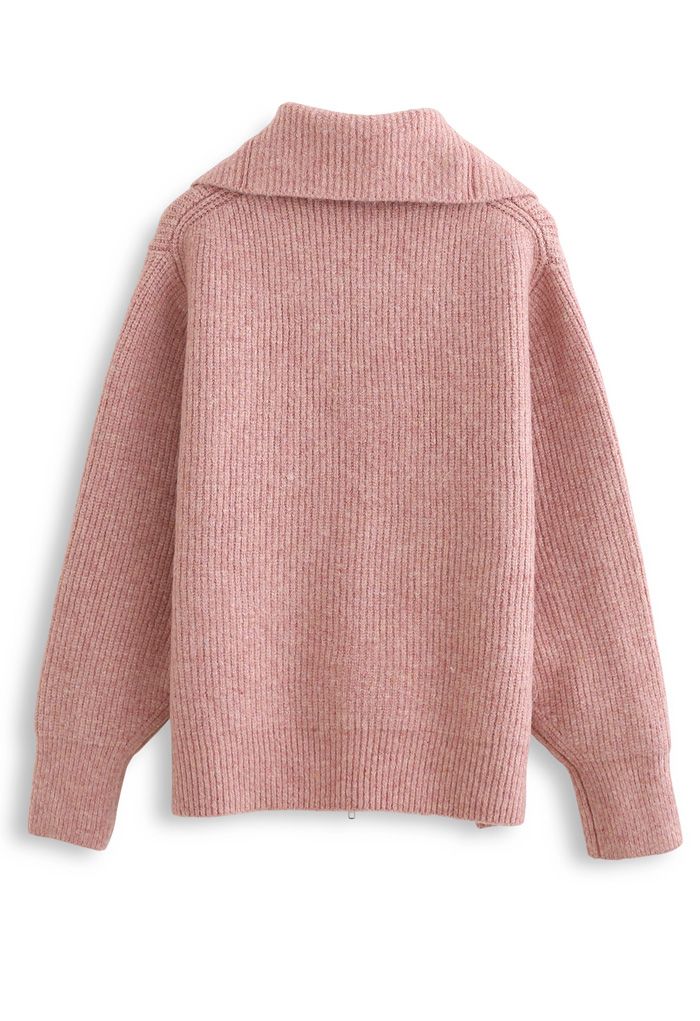 Full Zip Ribbed Knit Cardigan in Pink