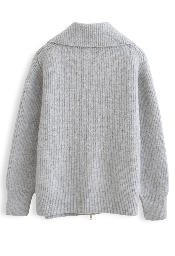 Full Zip Ribbed Knit Cardigan in Grey