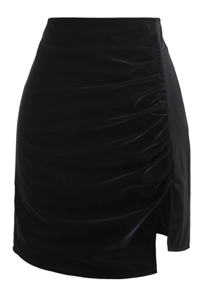 Ruched Faux Leather Split Bud Skirt