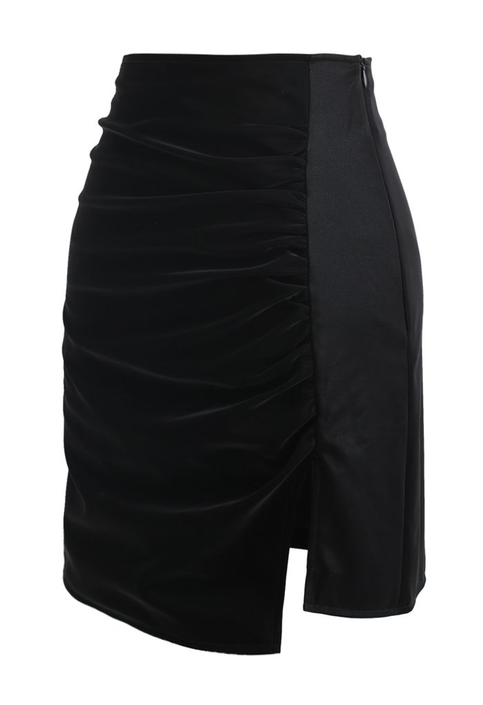 Ruched Faux Leather Split Bud Skirt