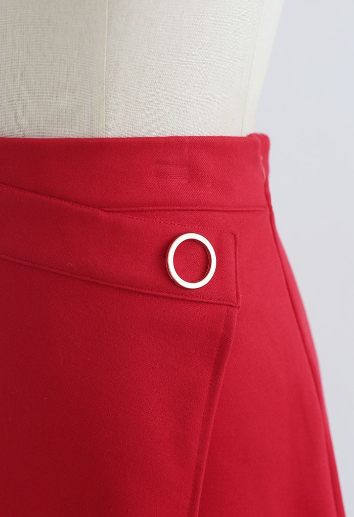 O-Ring Detail Asymmetric Hem Mini Skirt in Red