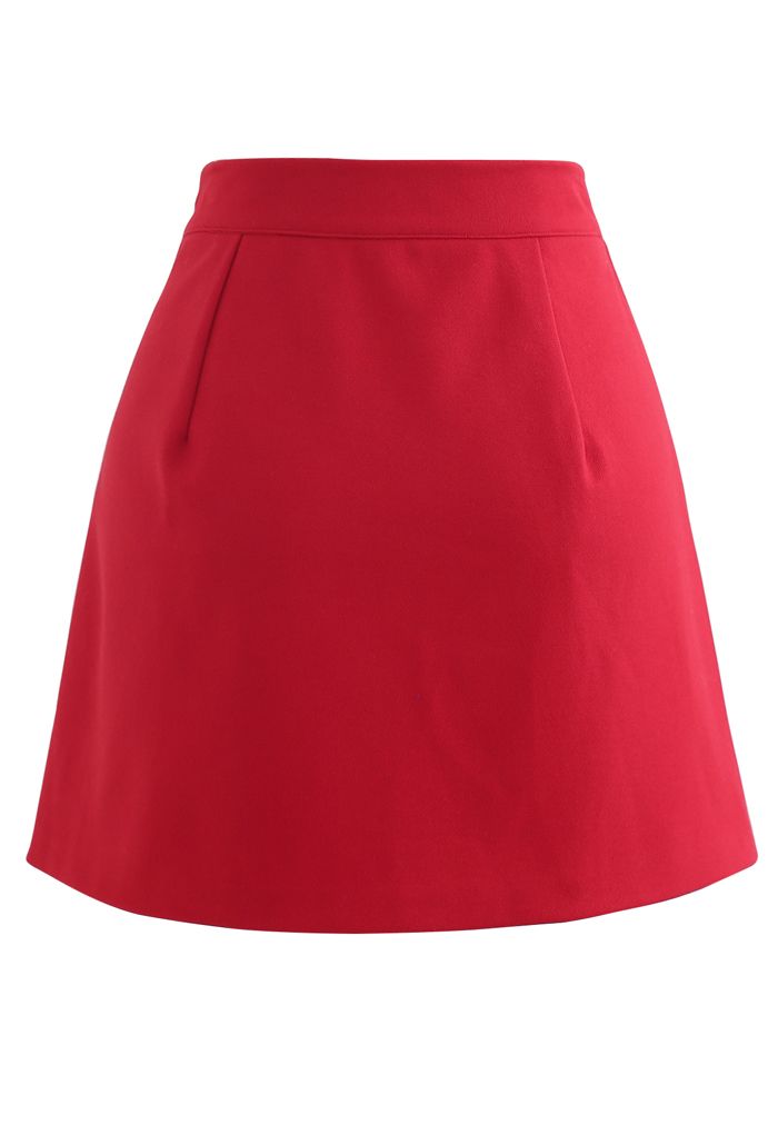 O-Ring Detail Asymmetric Hem Mini Skirt in Red