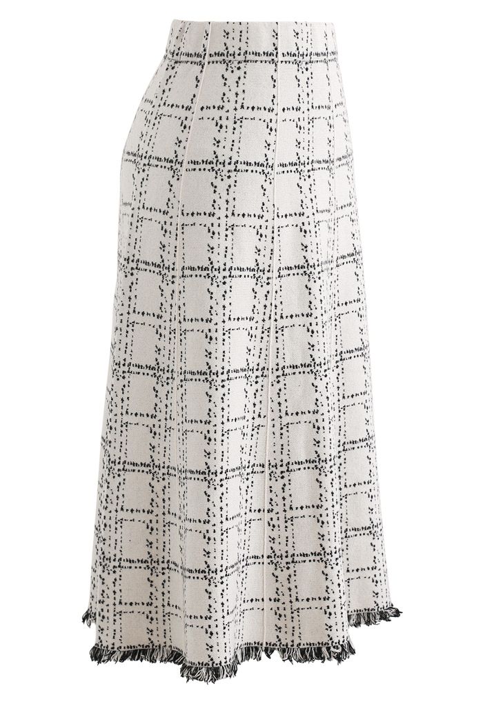 Grid Fringe Hem Knit Skirt in Ivory