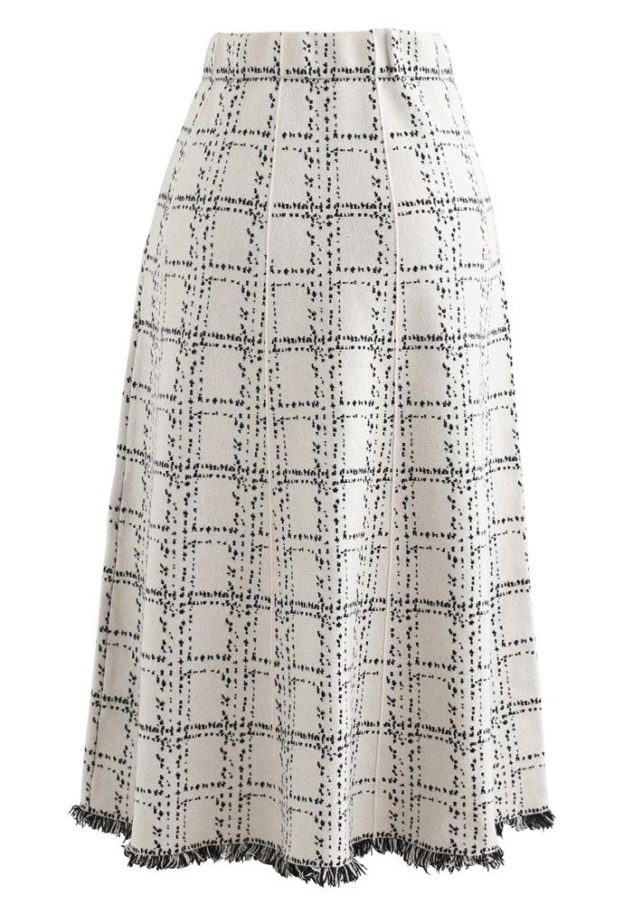 Grid Fringe Hem Knit Skirt in Ivory