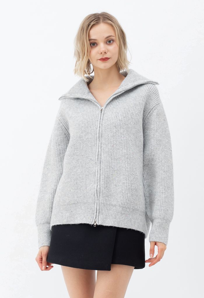 Full Zip Ribbed Knit Cardigan in Grey