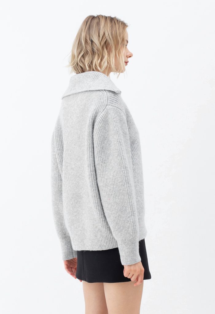 Full Zip Ribbed Knit Cardigan in Grey