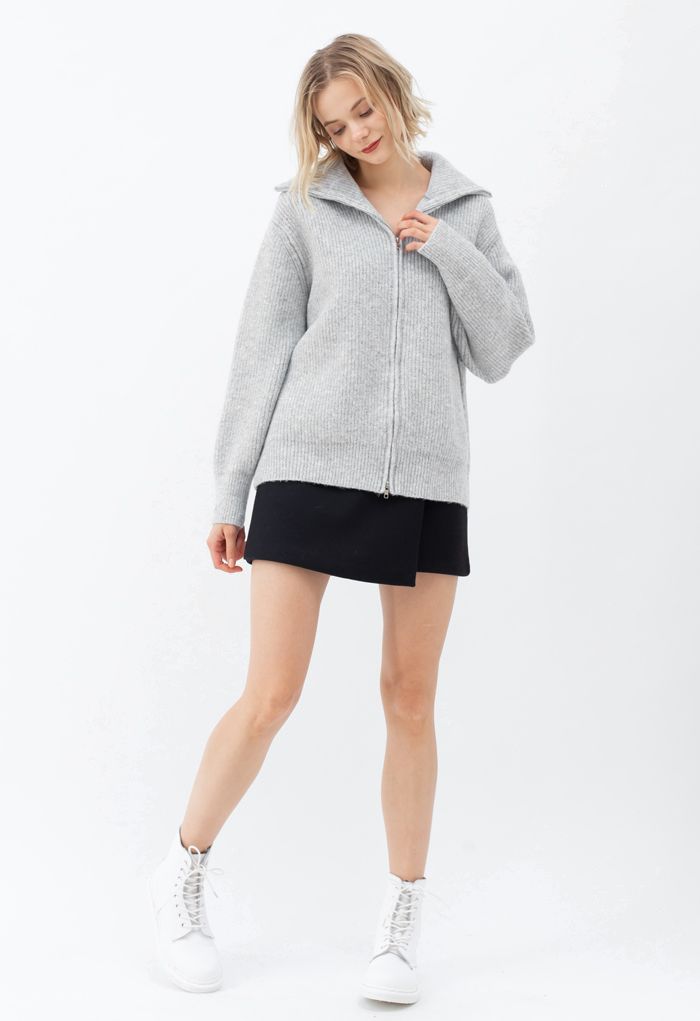 Full Zip Ribbed Knit Cardigan in Grey