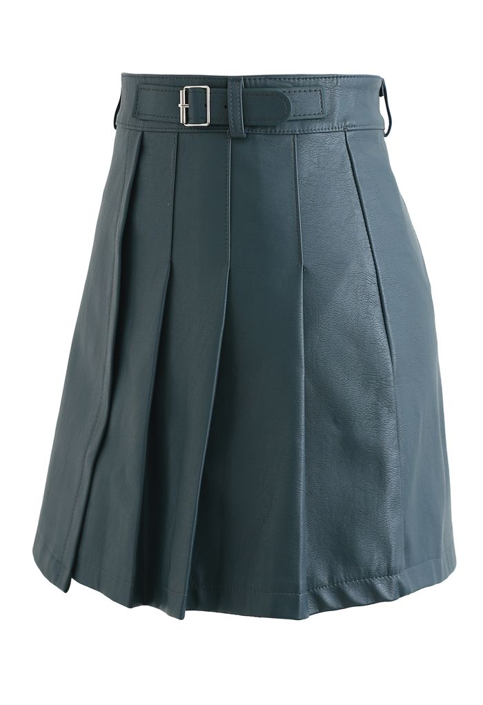 Belt Detail Faux Leather Pleated Mini Skirt in Teal