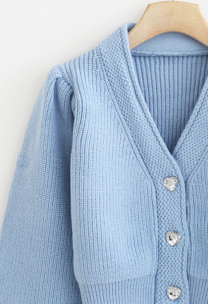Crystal Button Puff Sleeves Crop Cardigan in Blue