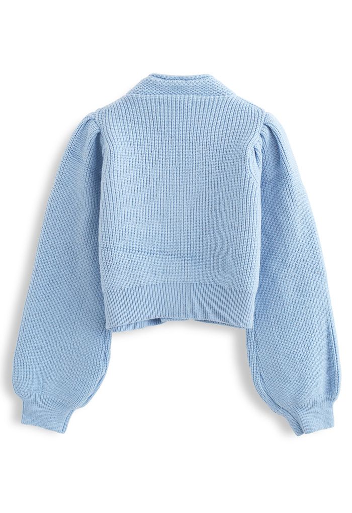 Crystal Button Puff Sleeves Crop Cardigan in Blue