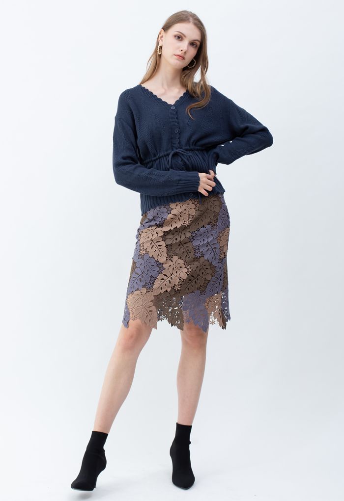 Multi-Color Leaves Crochet Pencil Skirt in Taupe
