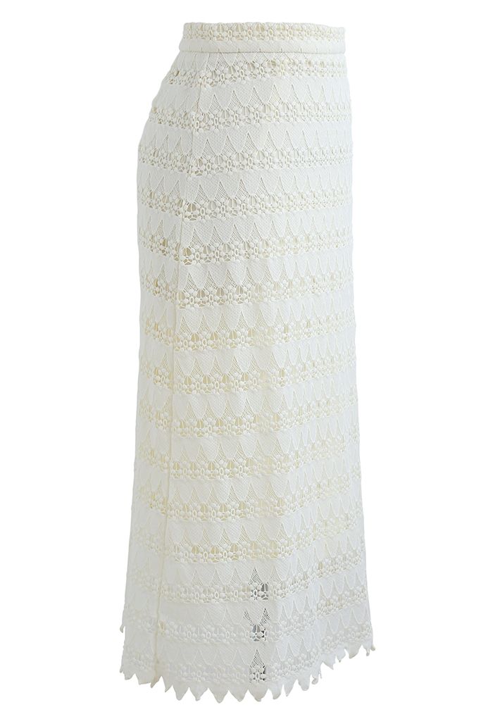 Scrolled Hem Full Crochet Pencil Skirt in Cream