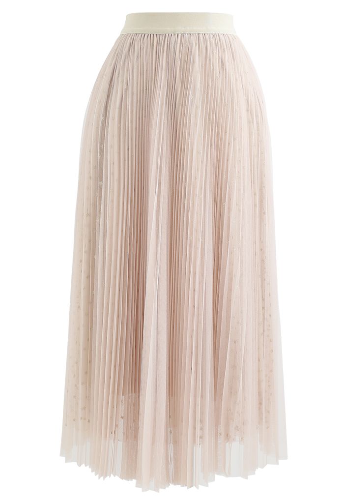 Starry Double-Layered Pleated Tulle Midi Skirt in Light Tan