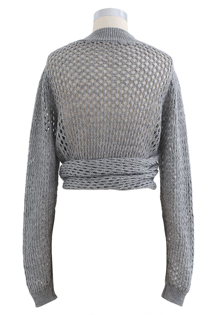 Hollow Out Wrap Bowknot Crop Sweater in Grey
