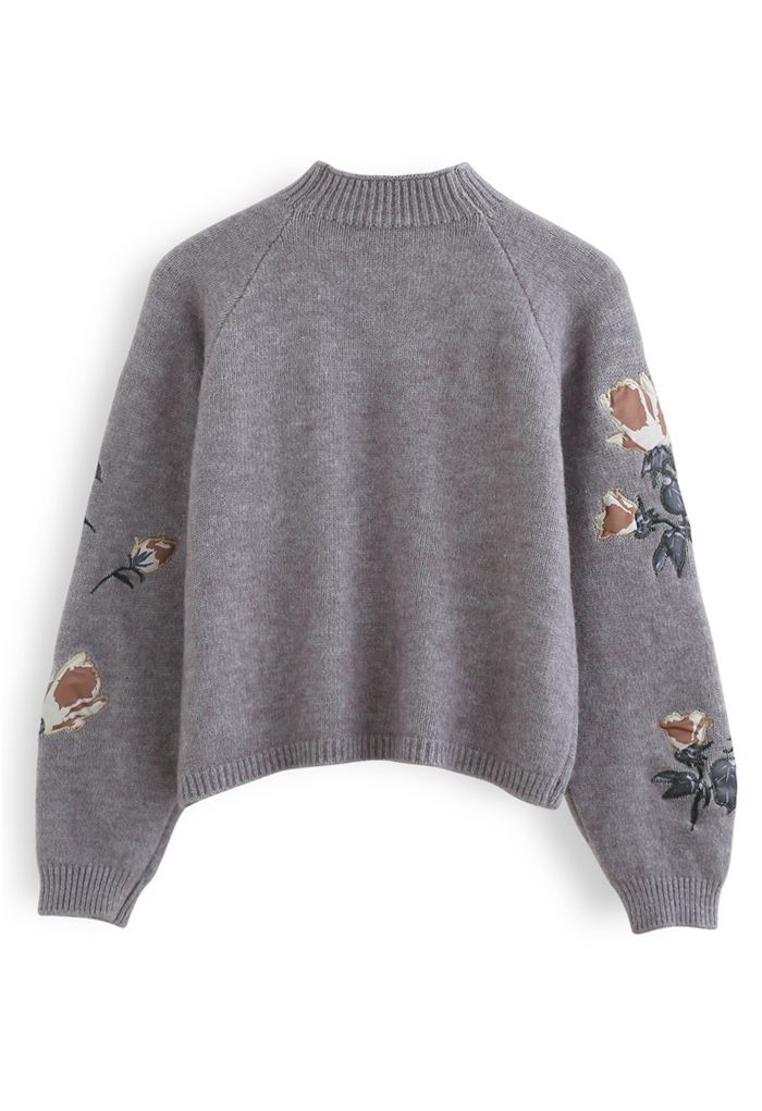 Digital Floral Print Embroidered Knit Sweater in Grey - Retro 