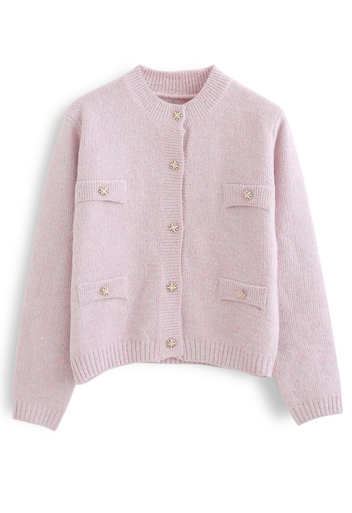 Sequins Thread Button Down Knit Cardigan in Pink