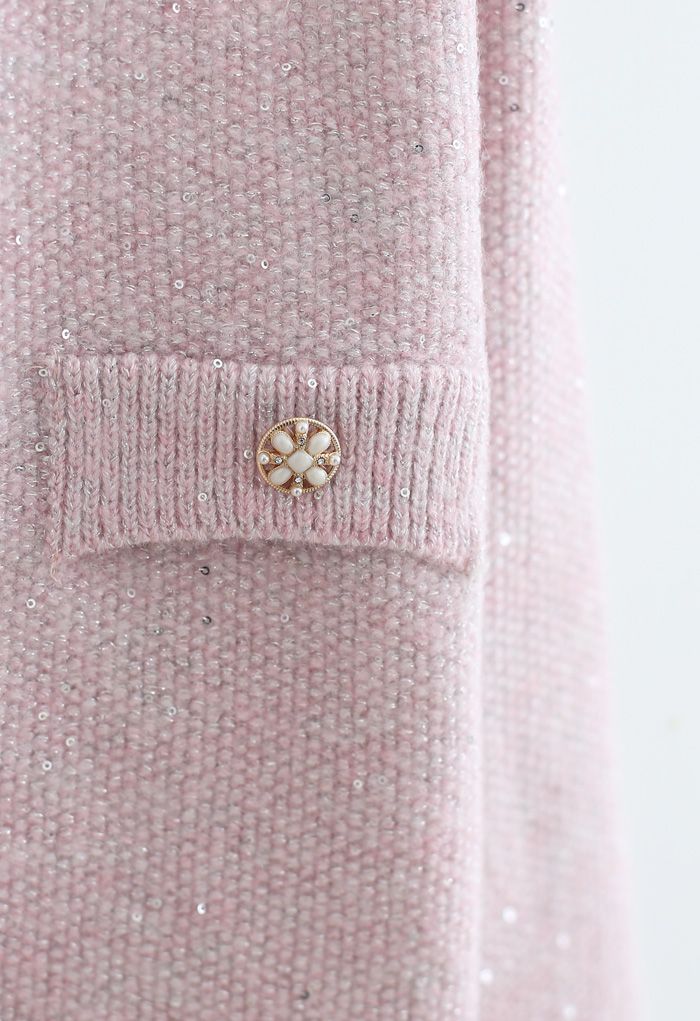 Sequins Thread Button Down Knit Cardigan in Pink