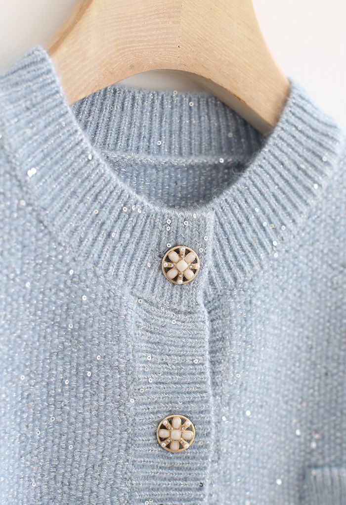 Sequins Thread Button Down Knit Cardigan in Blue