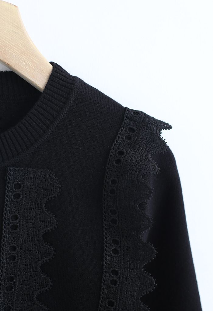 Crochet Front Ribbed Knit Sweater in Black