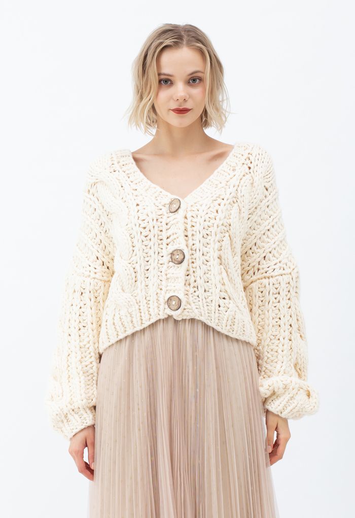V-Neck Crop Hand-Knit Chunky Cardigan in Cream - Retro, Indie and