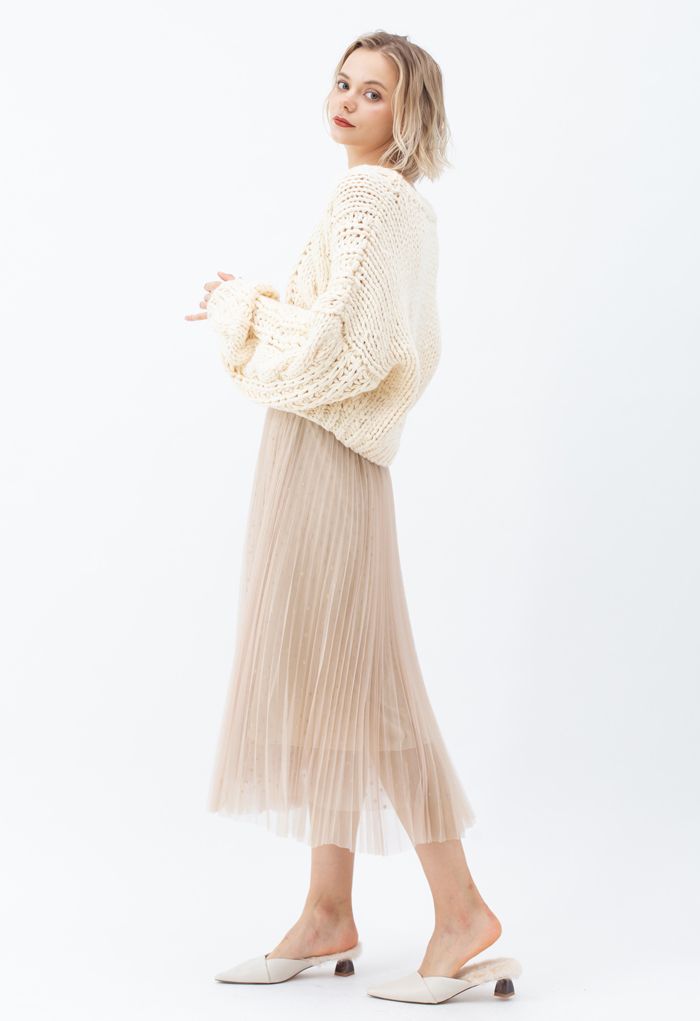 Starry Double-Layered Pleated Tulle Midi Skirt in Light Tan