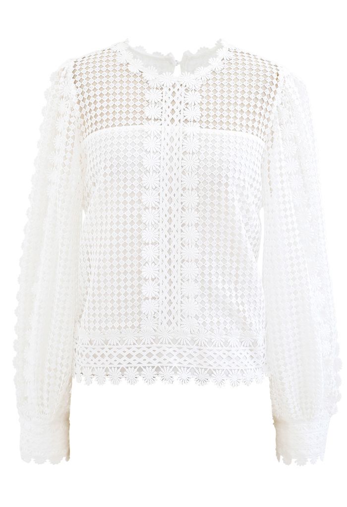 Solid Tone Full Crochet Long Sleeves Top in White