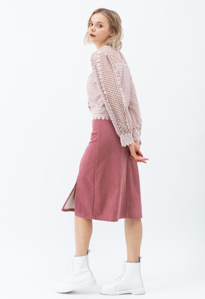 Front Split Corduroy Midi Skirt in Pink