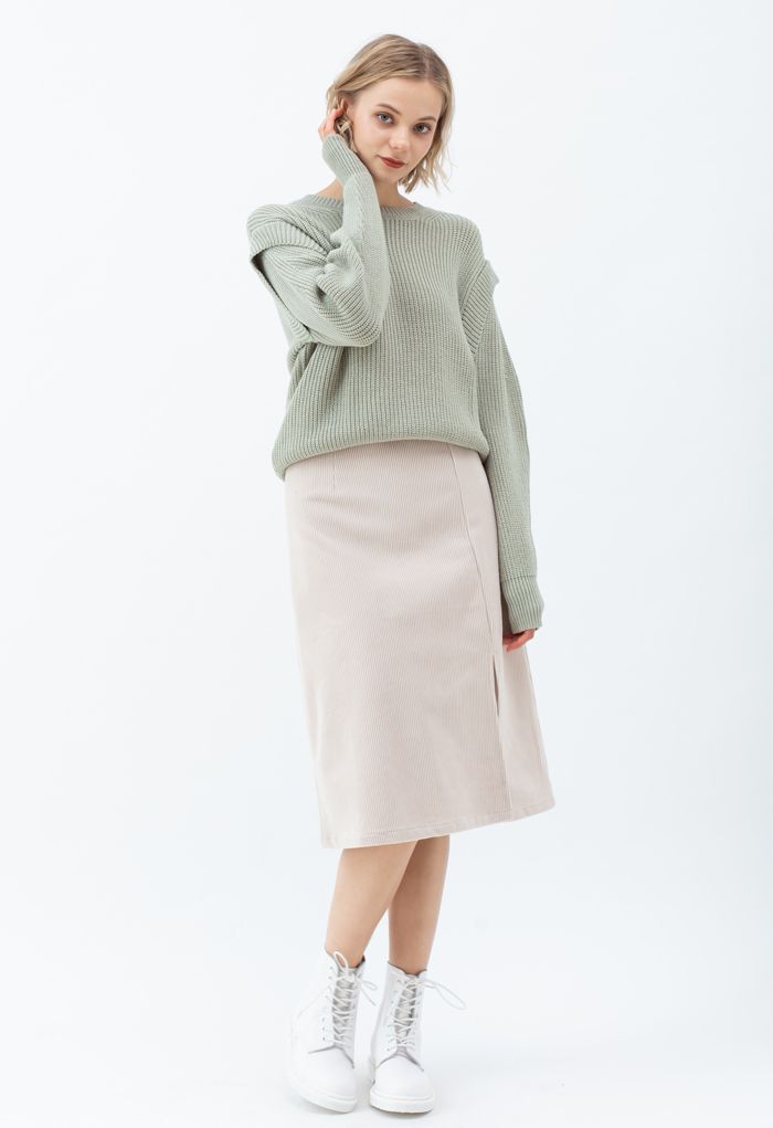 Soft Hue Round Neck Rib Knit Sweater in Moss Green