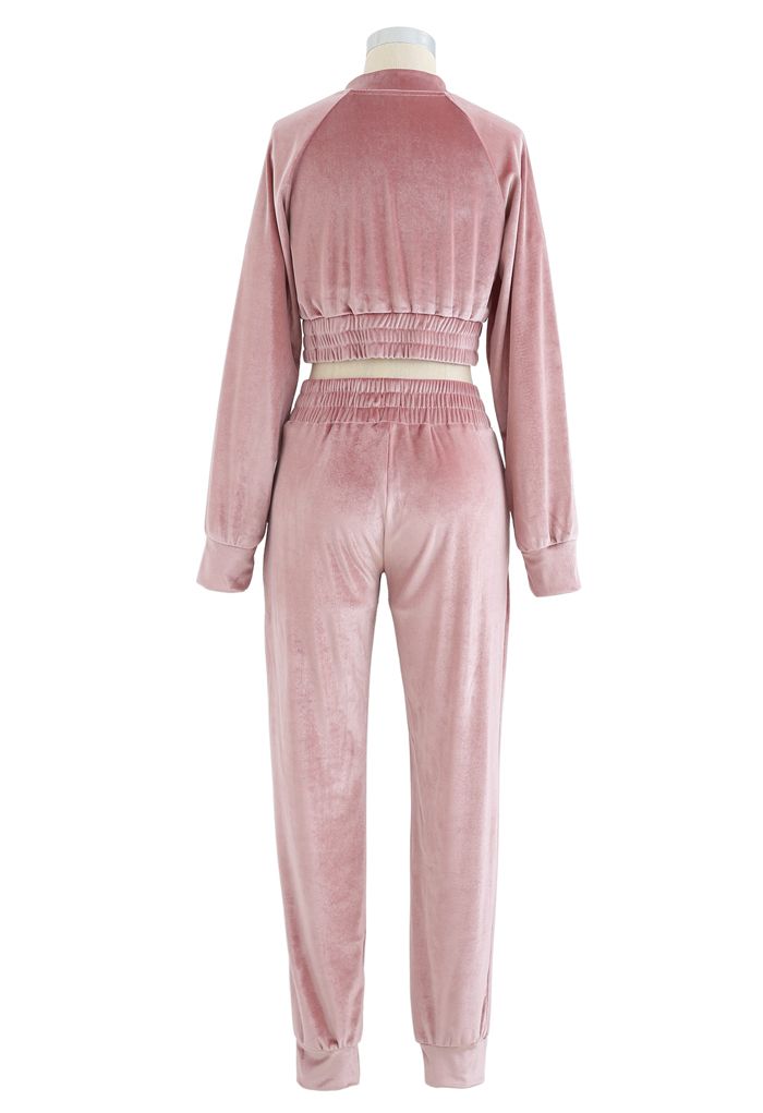 Zipper Velvet Cropped Top and Joggers Set in Pink