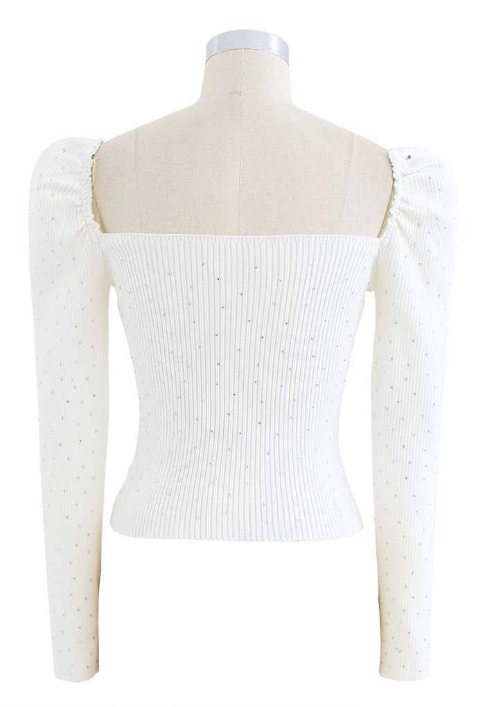 Flickering Square Neck Fitted Crop Knit Top in White
