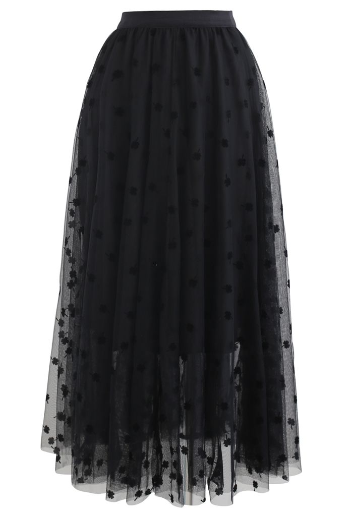 3D Clover Double-Layered Mesh Midi Skirt in Black - Retro, Indie and ...