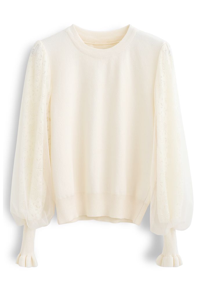 Floral Lace Mesh Sleeves Knit Top in Cream