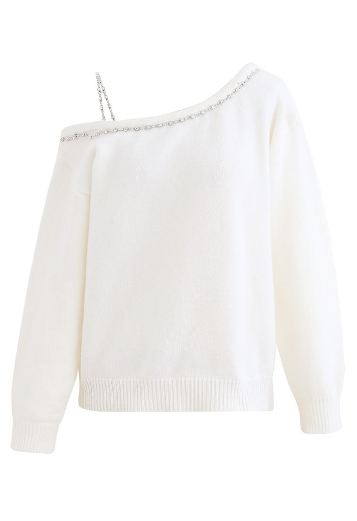 One-Shoulder Diamond Strap Knit Sweater in White