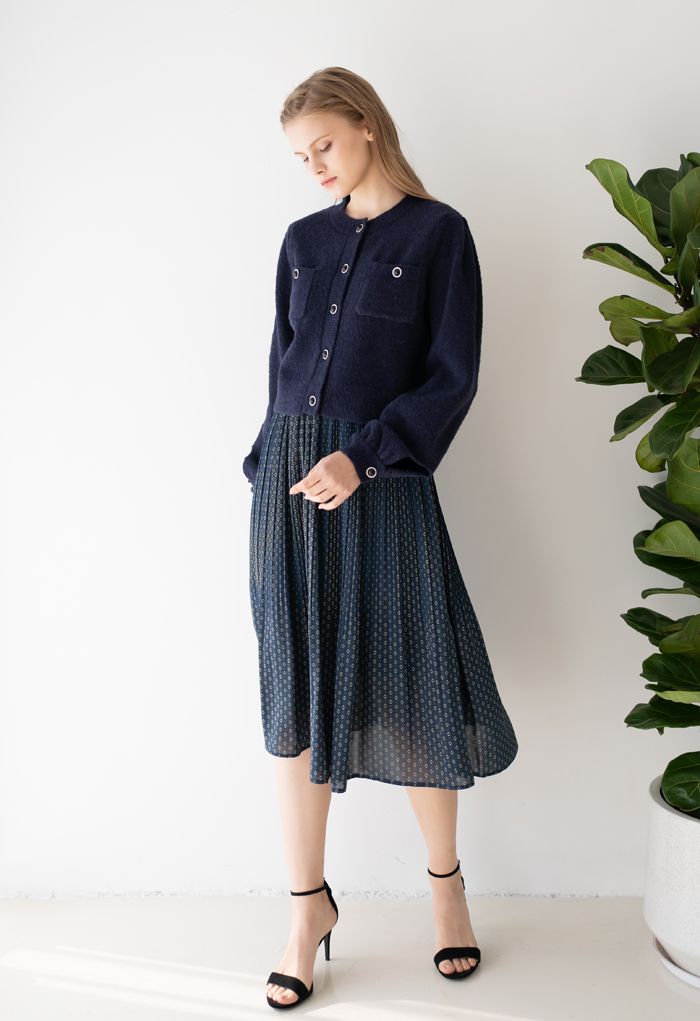 Ample Floret Pleated Chiffon Skirt in Navy