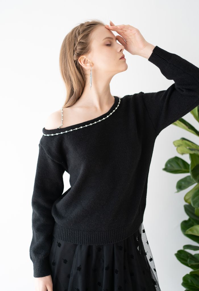 One-Shoulder Diamond Strap Knit Sweater in Black