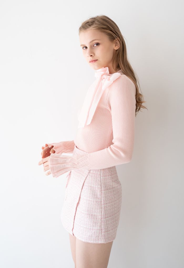 Tweed Asymmetric Mini Skirt in Pink