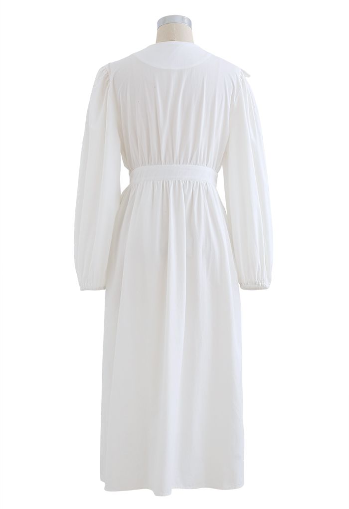 Eyelet Ruffle Front Wrap Long Sleeves Dress in White