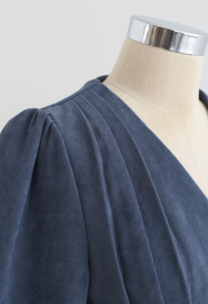 Pearl Button V-Neck Pleated Crop Top in Dusty Blue