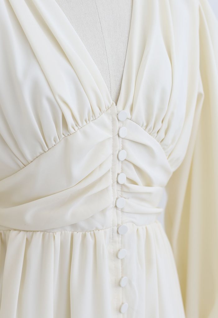 Puff Shoulder Ruched Button Down Chiffon Dress in Cream