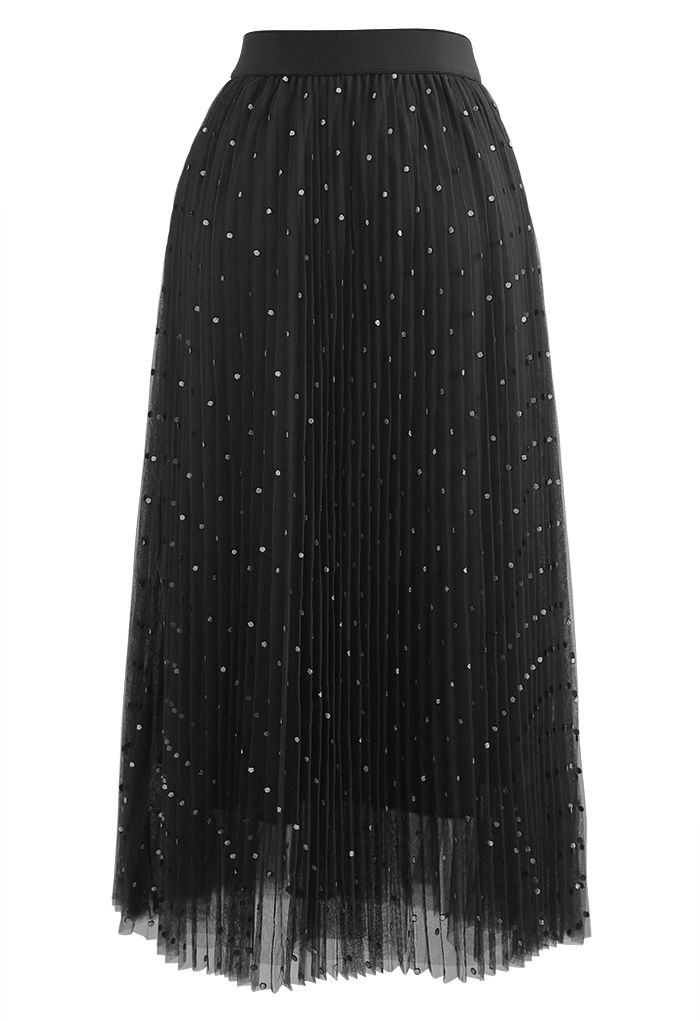 Glitter Dots Double-Layered Pleated Tulle Mesh Skirt in Black